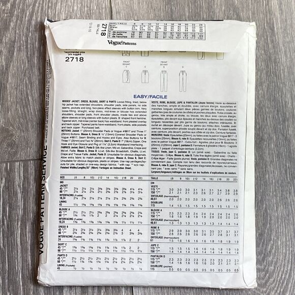 Vintage Vogue sewing pattern #2718 career wardrobe womens size 12-14-16 c. 1991 - Picture 5 of 5